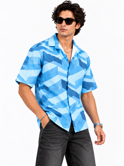 Blue Motion Geometric Printed Half Sleeve Men Shirts