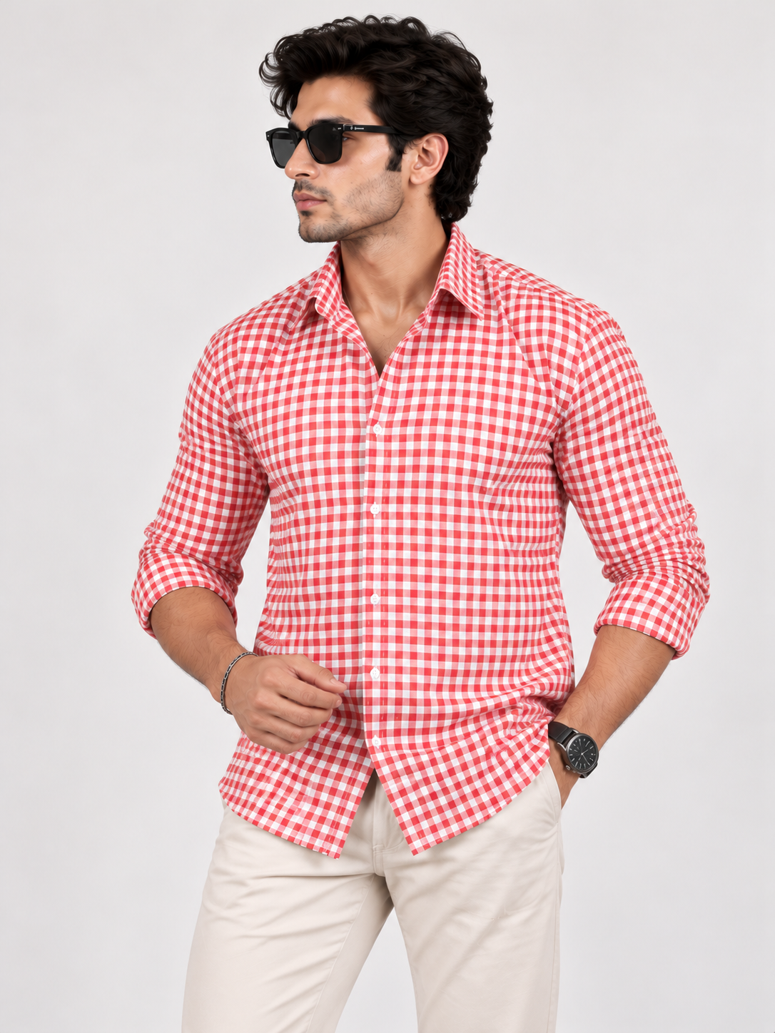 Classic Grid Red & White Checked Full Sleeve Men Shirts