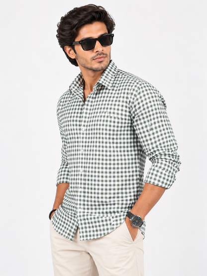 Heritage Grid Olive Green & White Checked Full Sleeve Men Shirts