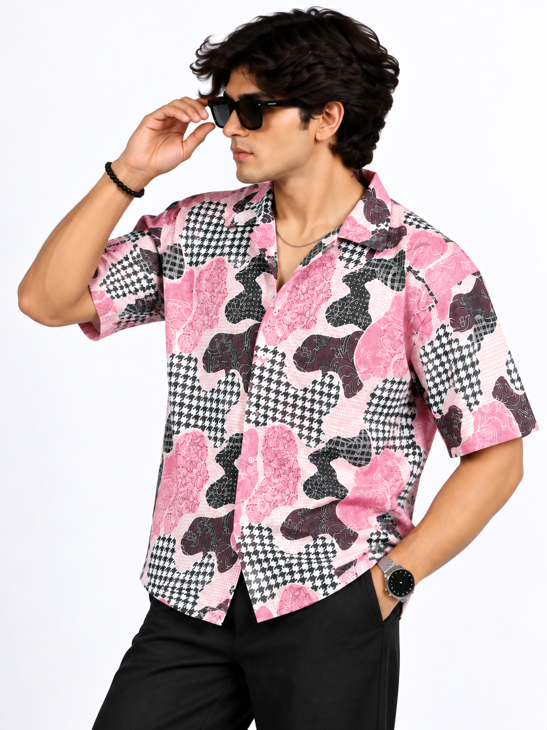 Pink Mosaic Abstract Printed Drop Shoulder Men Shirts