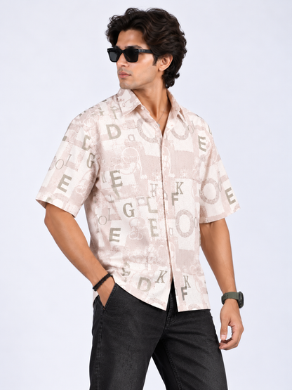 Urban Alphabet Cream Beige Printed Half Sleeve Men's Shirt
