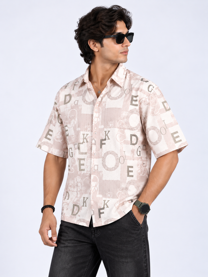 Urban Alphabet Cream Beige Printed Half Sleeve Men's Shirt