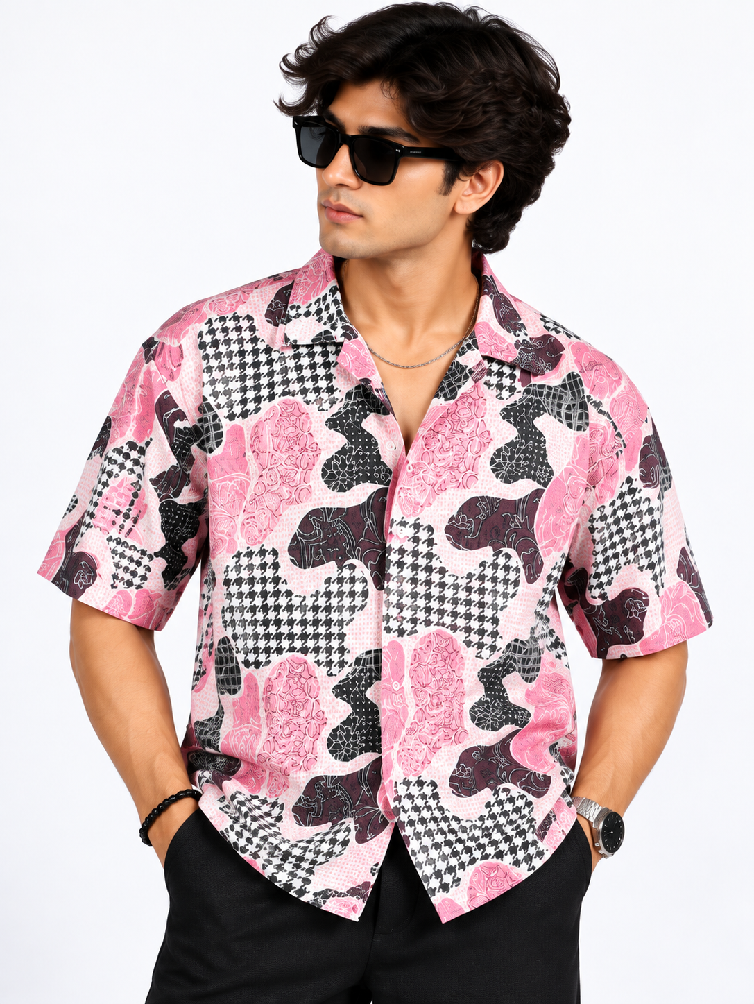 Pink Mosaic Abstract Printed Drop Shoulder Men Shirts