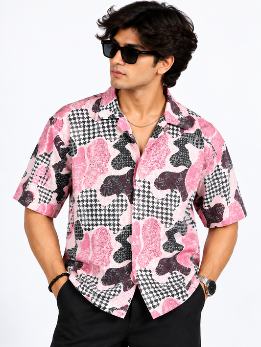 Pink Mosaic Abstract Printed Drop Shoulder Men Shirts