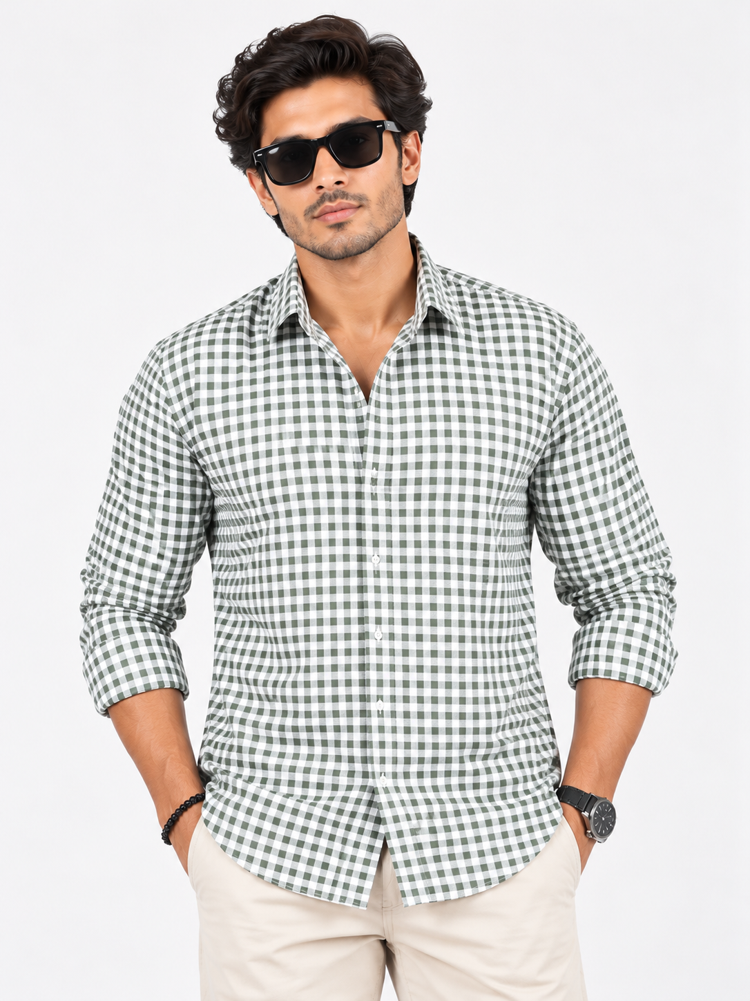 Heritage Grid Olive Green & White Checked Full Sleeve Men Shirts