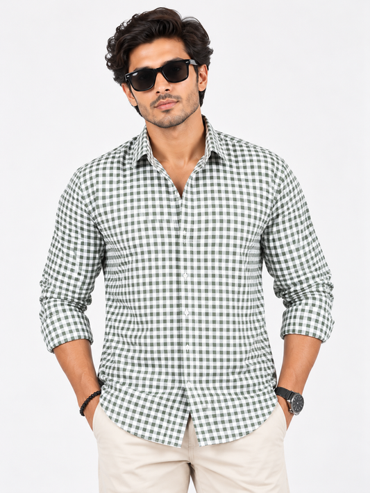 Heritage Grid Olive Green & White Checked Full Sleeve Men Shirts