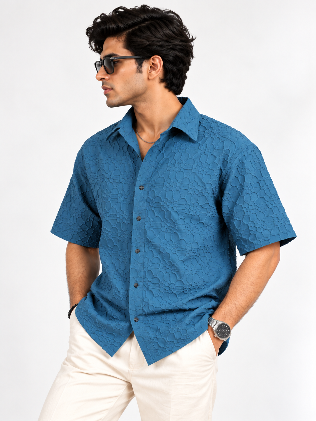 Azure Edge Steel Blue Popcorn Men Shirts