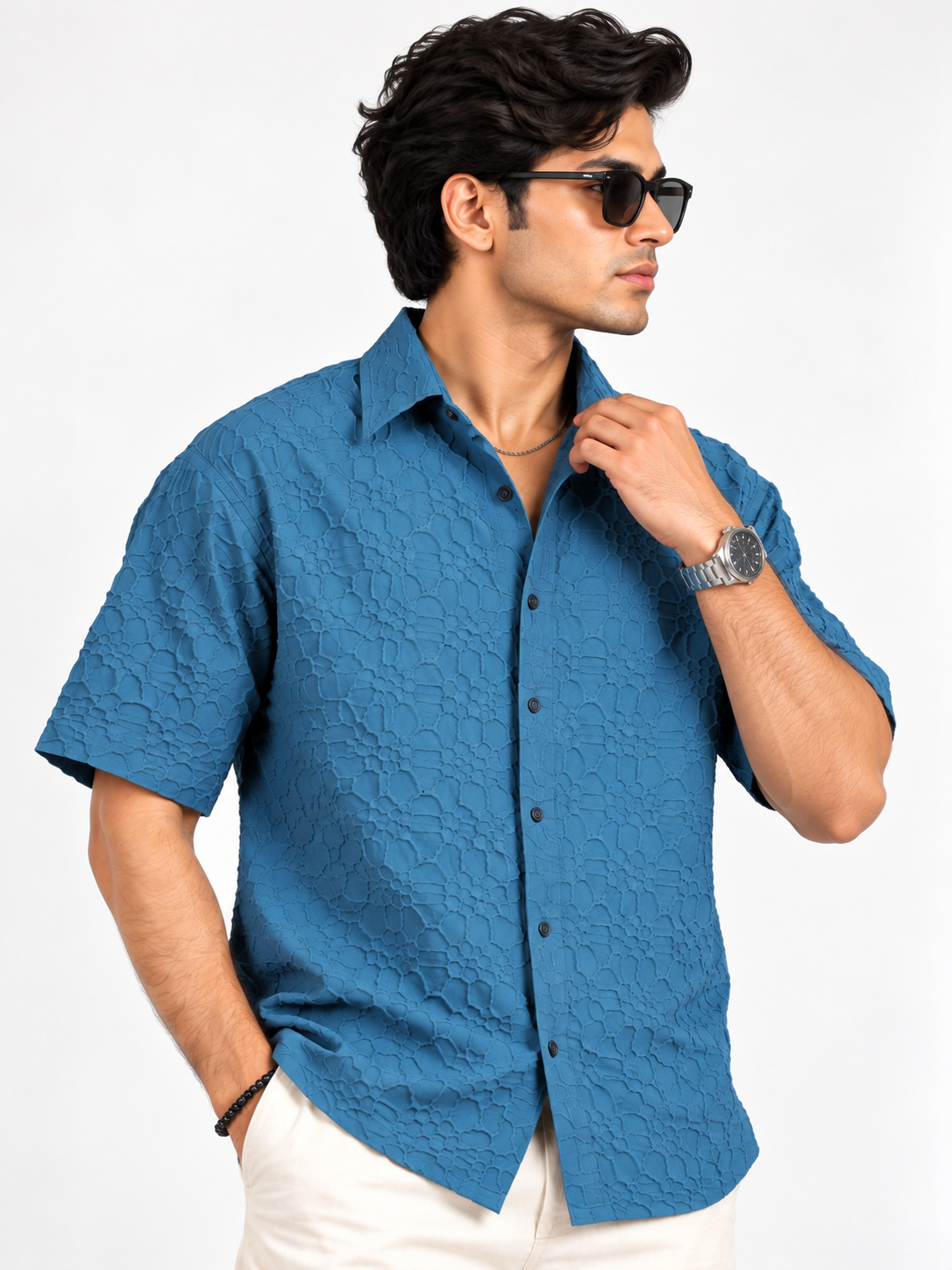 Azure Edge Steel Blue Popcorn Men Shirts