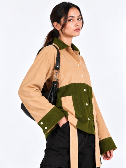 Urban Contrast Beige & Olive Green Corduroy Women's Shirt