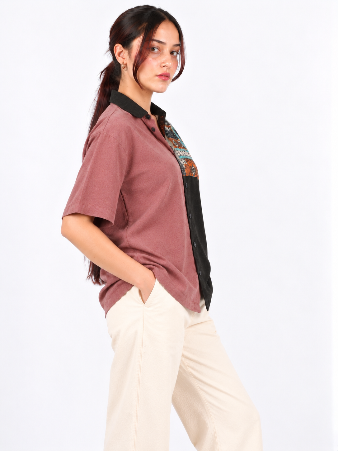 Urban Mosaic Dusty Mauve & Black Patchwork Corduroy Women's Shirt