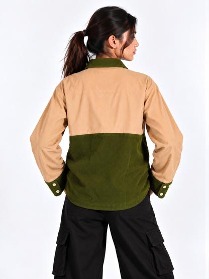 Urban Contrast Beige & Olive Green Corduroy Women's Shirt