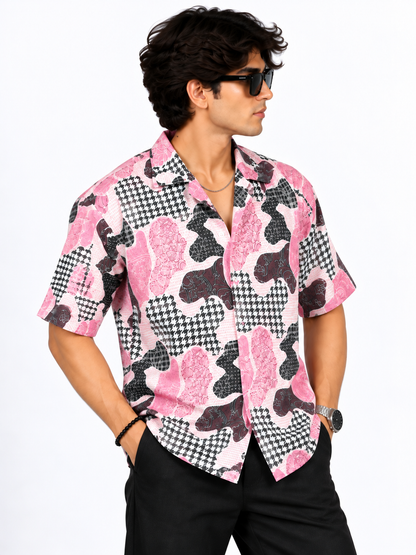 Pink Mosaic Abstract Printed Drop Shoulder Men Shirts