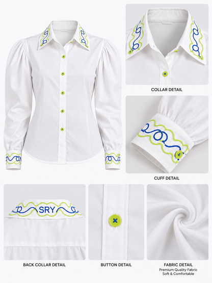 Signature Wave White Hand Embroidered Puff Sleeve Women's Shirt