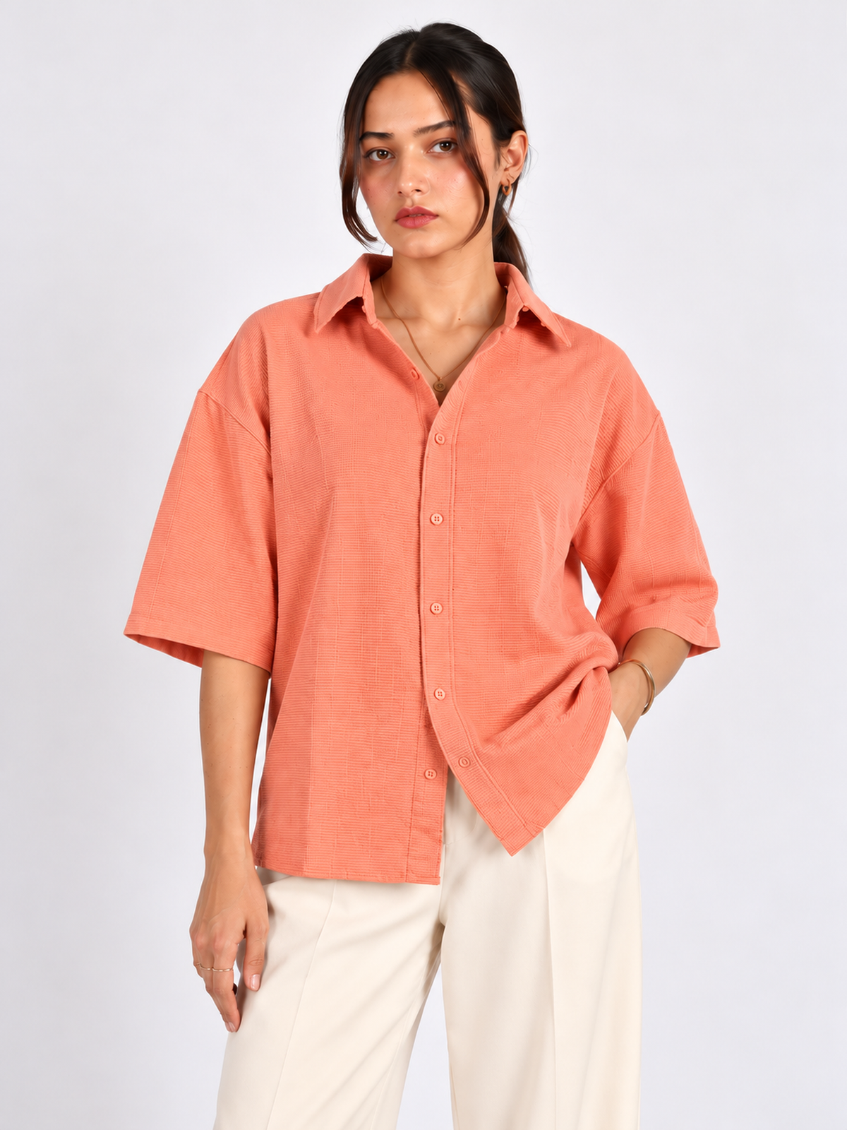 Peach Horizon Textured Corduroy Oversized Shirt for Women