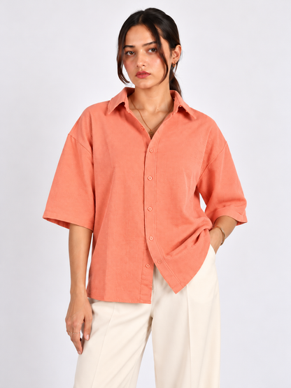 Peach Horizon Textured Corduroy Oversized Shirt for Women